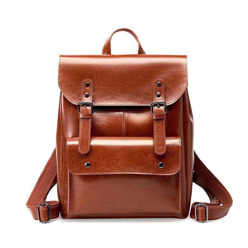 Women's Genuine Leather Backpack - Wear-Resistant Cowhide, 14", Large Capacity, College Style, British Retro, Neutral Design.