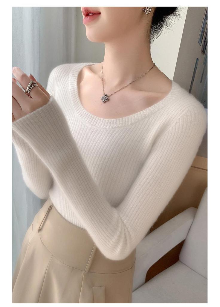 Seamless Cashmere Round Neck Slim Fit Ribbed Pullover for Women - Long Sleeve