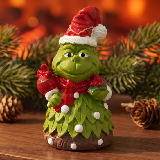 Small Christmas Sculptures Green Monsters Ornament with Santa Hat And Scarf, Resin Frog Cute Elf Tabletop Decor Figurine for Home Decoration, Outdoor