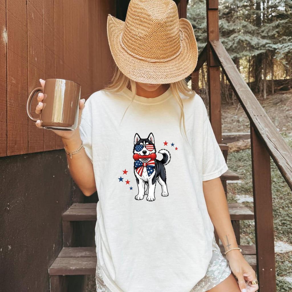 Patriotic Husky T-Shirt, Cute Siberian Glasses and Bow Tee, Comfort Colors 1717 Top
