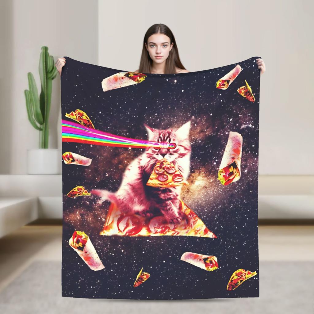 Outer Space Pizza Cat Rainbow Laser Eyes Blanket Flannel Winter Portable Soft Throw Blanket for Bedding