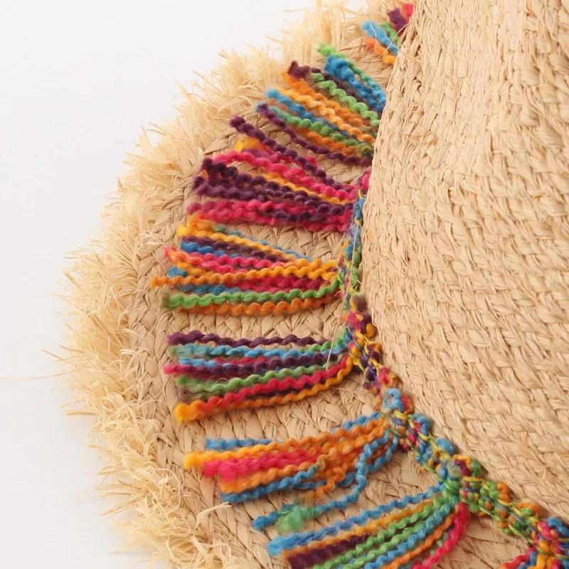 1 Pcs New Dopamine Colored Tassel for Shading Protection Small Face Display Breathable Weaving Wide Brim Grass Hat