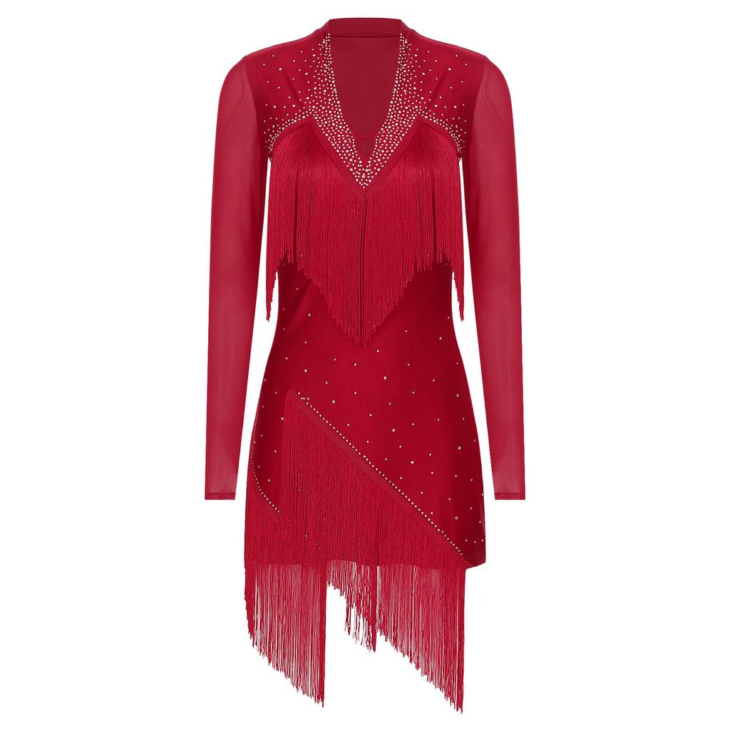 Женское платье для латинских танцев с V-образным вырезом и длинным рукавом, блестящая бахрома из страз, костюм для выступлений в стиле танго, румба, ча-ча-ча