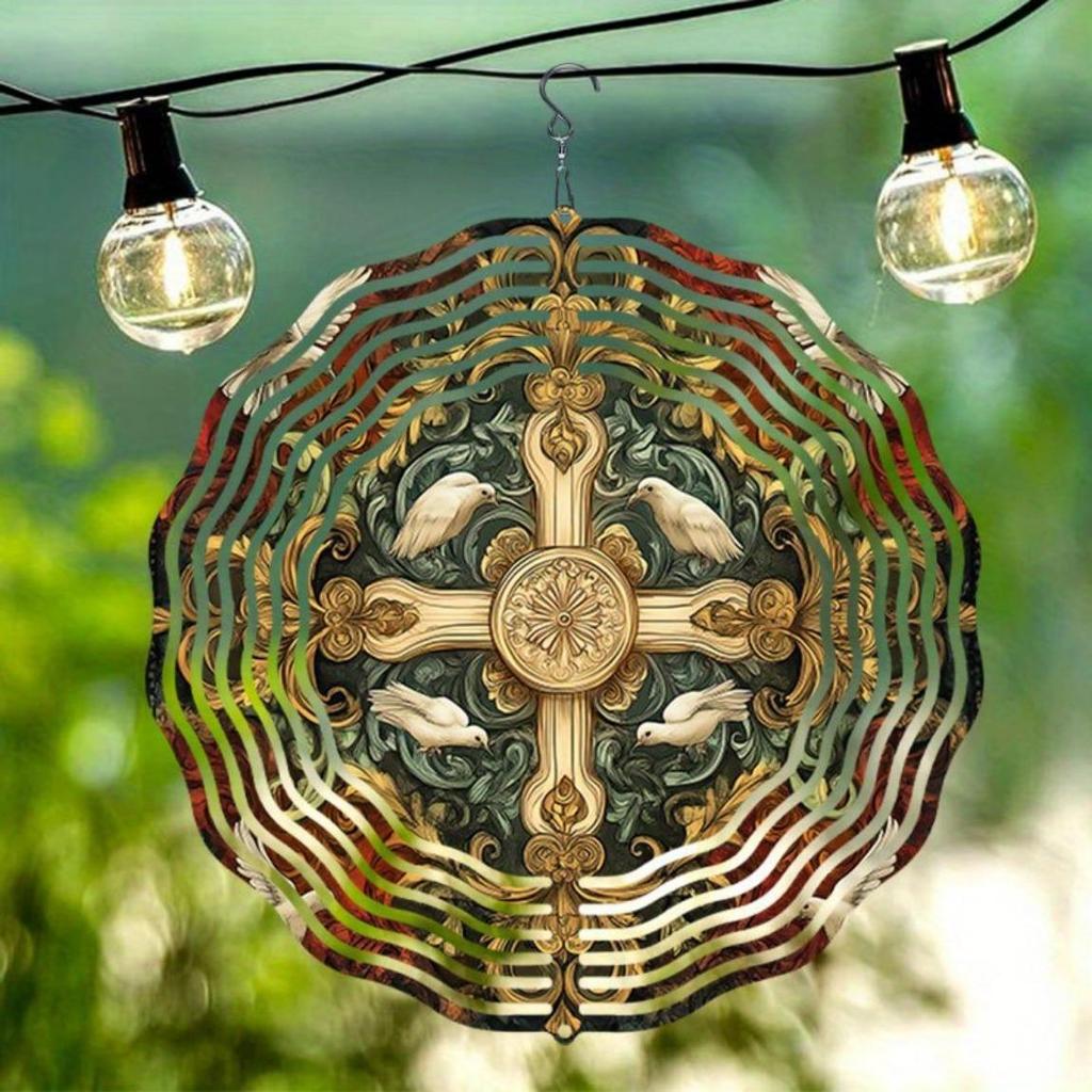 3D Peace Dove Cross Wind Spinner Kinetic Motion Metal Garden Wind Chime Golden Accents Outdoor Indoor Decorative Ornament for Patio Yard Home Unique