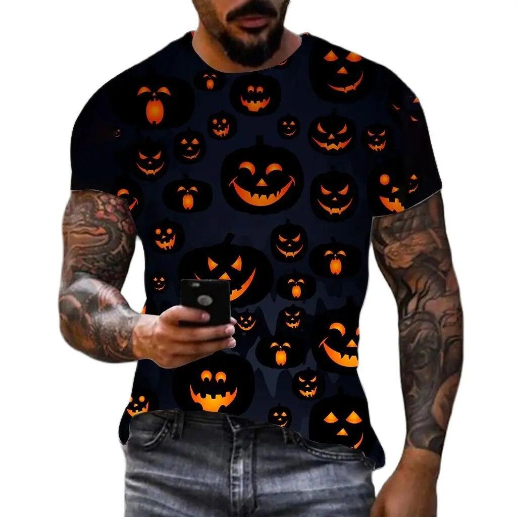 Европа и Америка, модные оригинальные футболки с рисунком тыквы на тему Хэллоуина для унисекс с круглым вырезом и принтом, праздничные мужские футболки