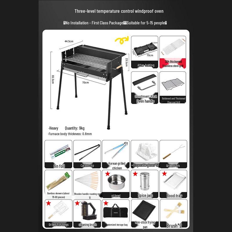 Stainless Steel Folding Portable Charcoal BBQ Grill and Utensils