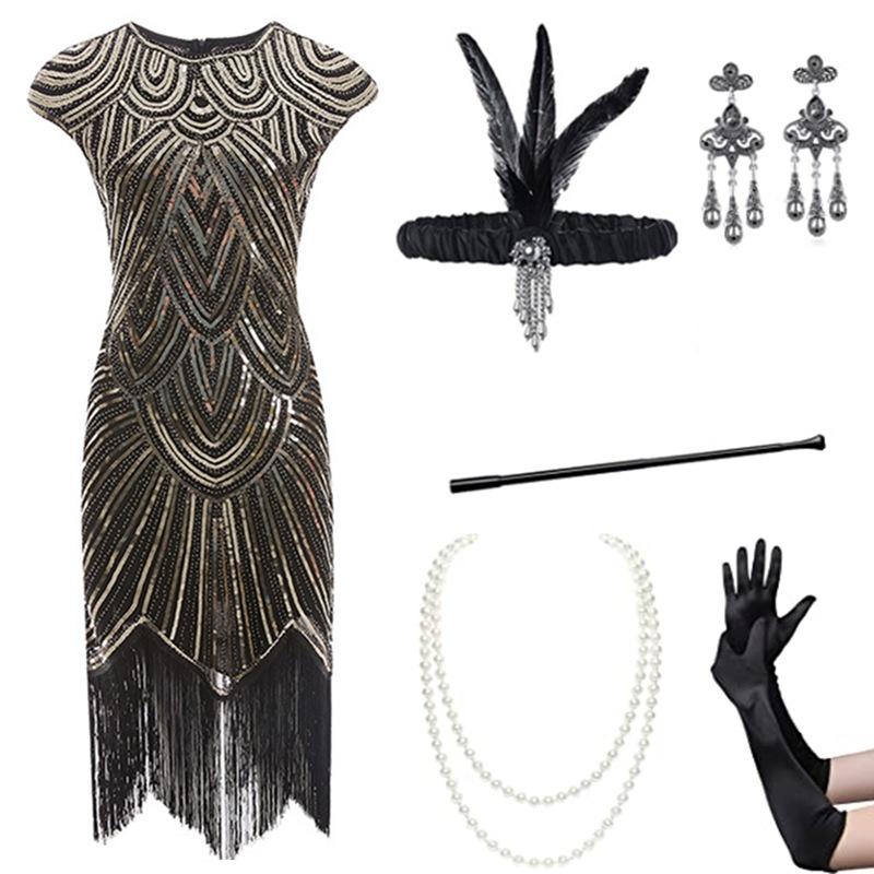 1920s Retro Sequin Flapper Dress with Tassels and Headdress Set