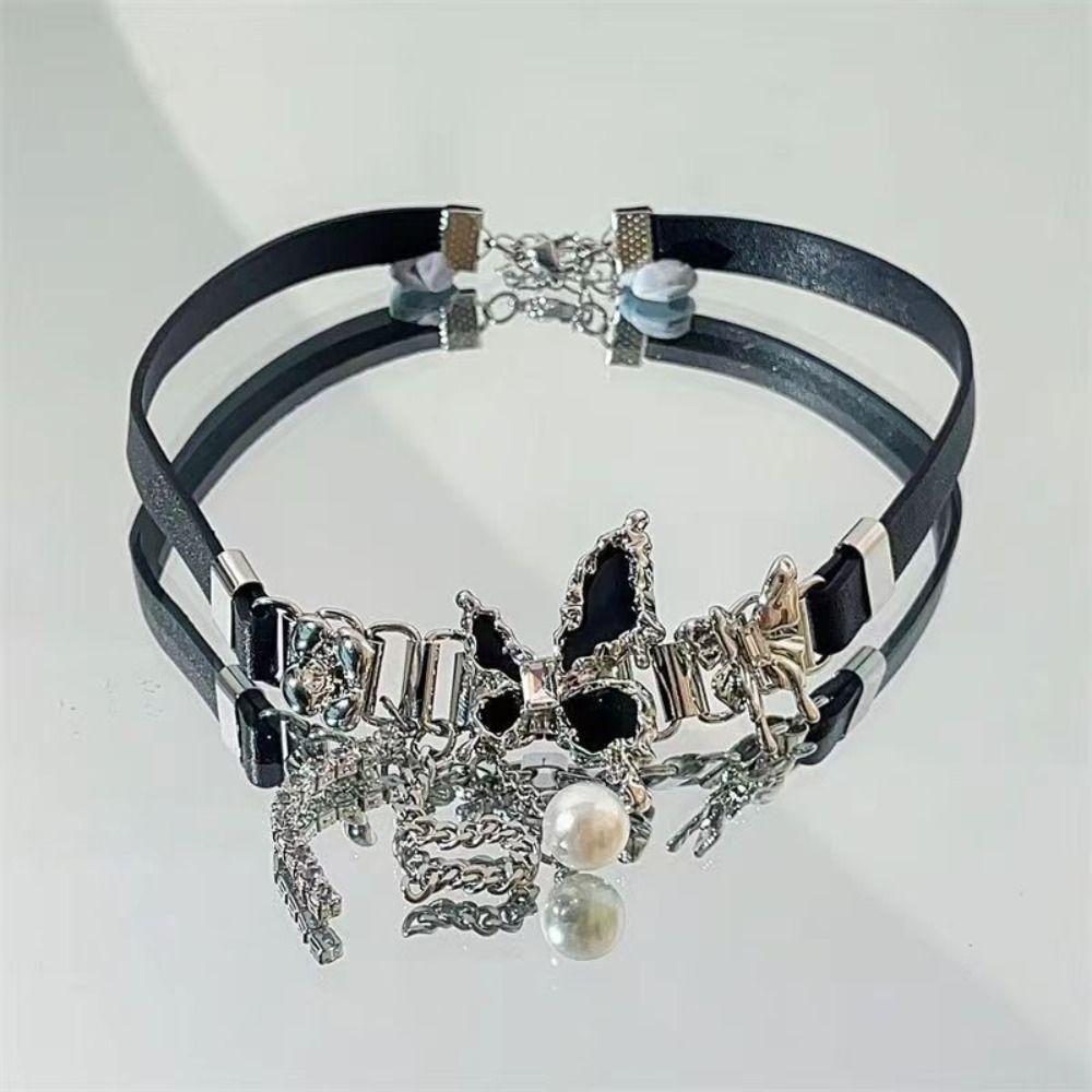 Y2K Vintage Butterfly Necklace Clavicle Necklace Goth Choker Sweet Cool Leather Choker