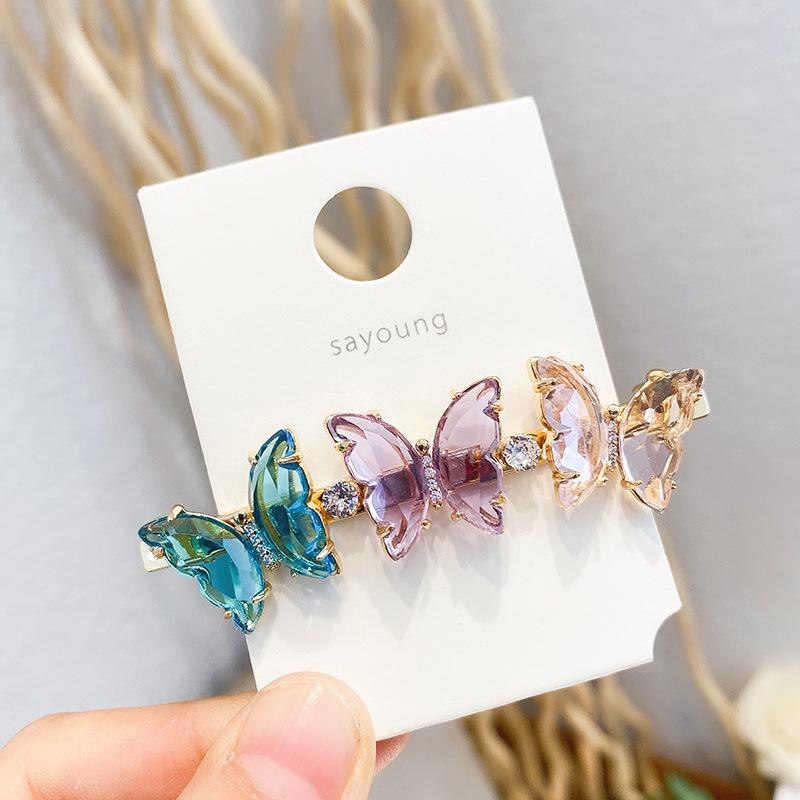 Fashion Glass Multi Color Hairpin Elegant Women Decorations Butterfly Word Edge Clip Versatile Crystal Hair Clips for Girl
