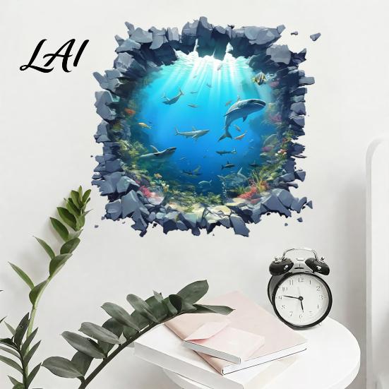 3D Hole Effect Wall Stickers Underwater Shark Sticker Realistic Ocean View Decal Waterproof Removable PVC Decor Mural for Living Room Bedroom