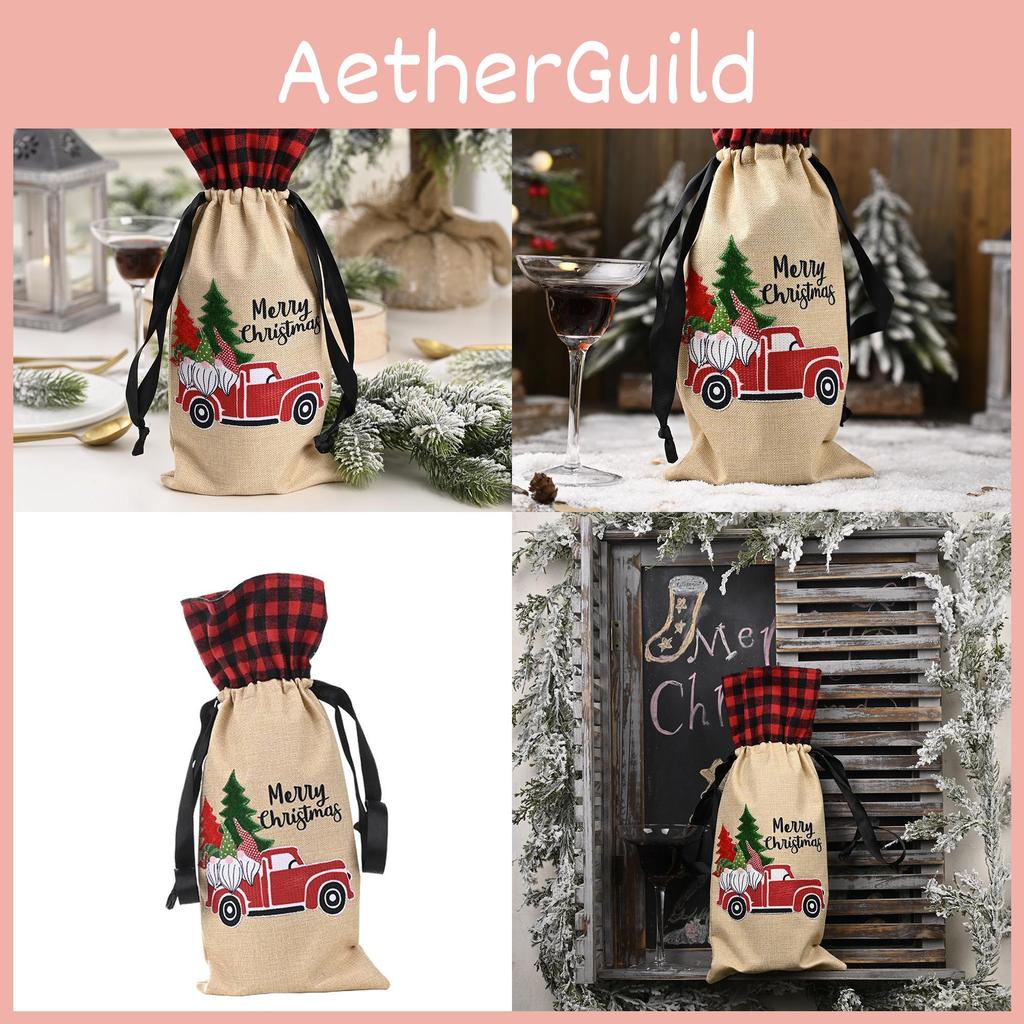 Charming Forest Santa Car Wine Bottle Bag Stylish Checkered Fabric Christmas Decoration