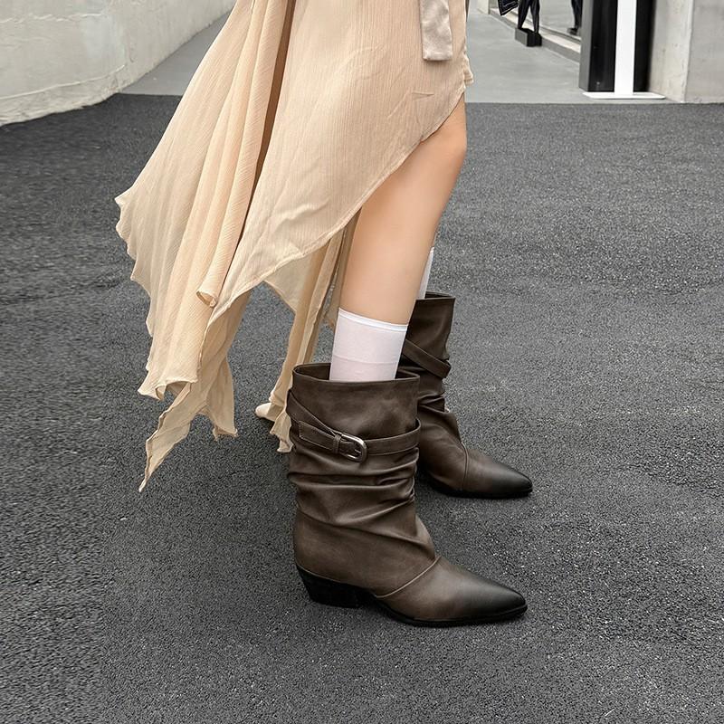 5cm Fashion Simple Pleated Ankle Boots Women Pointed Toe Chunky Heel Slip-On Martin