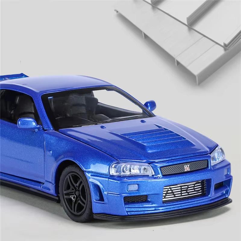 New 1:32 GTR R34 Alloy Sports Car Model Die-cast Toy Racing Car Model Simulation Sound and Light Pull Back Children Boy Trend Collection Gift