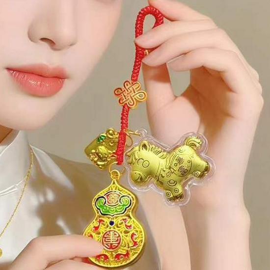 Golden Horse Enamel Copper Gourd Keychain Phone Lanyard - Year of the Horse Pendant