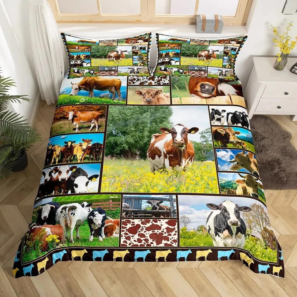Коровы Комплект пододеяльника Двуспальный размер Принт молочной коровы Пододеяльник Тема фермерских животных Постельный комплект Декор комнаты, Клетчатый пододеяльник
