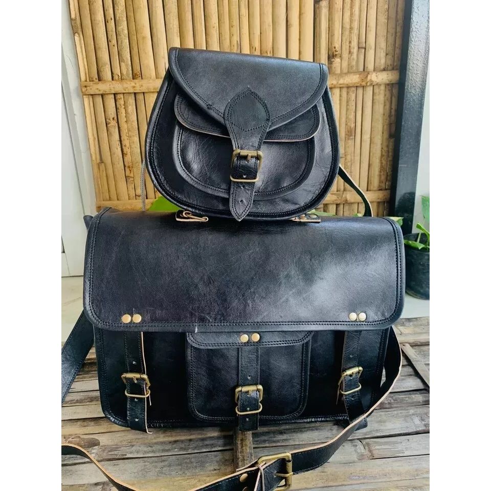 Genuine Vintage Black Leather Messenger Bag Shoulder Laptop ( Gift For Girlfriend BAG Size - 9 X 7 X 3 In )