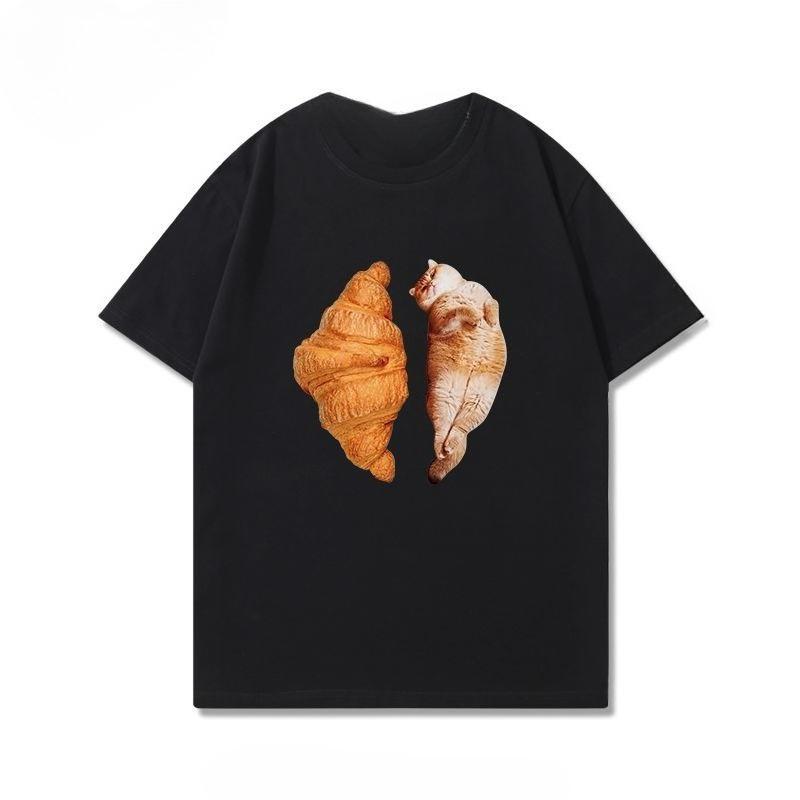 Cat Sandwich Pure Cotton Printed Unisexs and Womens Fashionable Short Sleeved New Personalized Casual Round Neck Tshirt