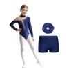 Girls Gymnastics Dance Outfit Set Long Sleeve Keyhole Back Sheer Mesh Patchwork Sparkly Leotard Shorts Hair Band