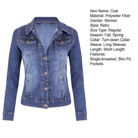 Женская джинсовая куртка в стиле ретро, однобортная, облегающая, с отложным воротником, длинными рукавами, однотонными карманами с клапанами, женская куртка для поездок на работу и шопинга