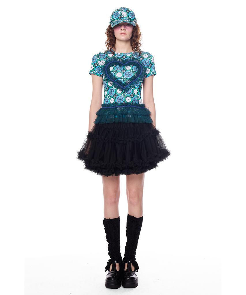 Greedius Sheer Lace Tiered Ruffle Mini Skirt