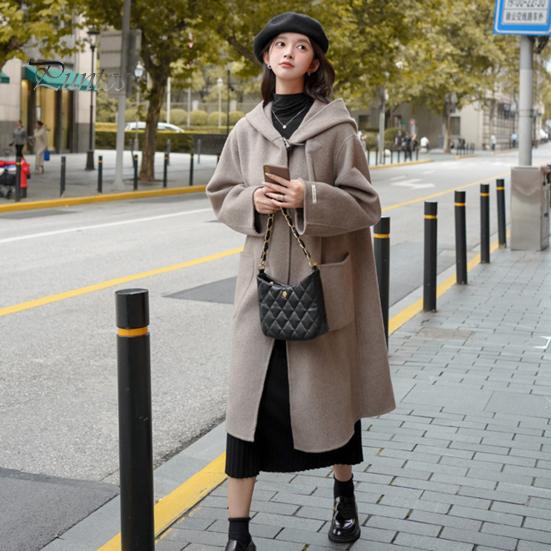 Women Winter Overcoat Hooded Pockets Pure Color Open Stitch Cardigan Mid Length Coat Thermal Long Sleeves Commuting Dating Winter Coat