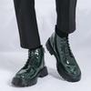 Модные мужские туфли из блестящей кожи на толстой подошве, износостойкие, на шнуровке, уличные рабочие ботинки, зимние зеленые деловые мужские ботильоны