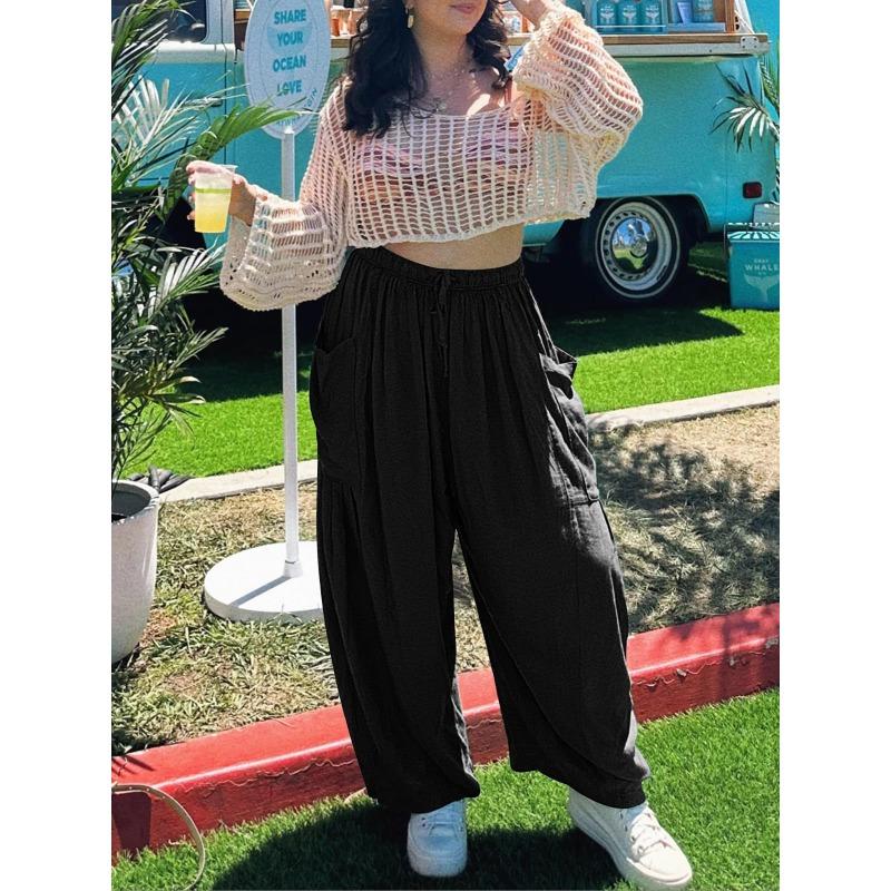 Летние женские брюки с эластичной резинкой на талии, плиссированные широкие брюки с высокой талией, свободные повседневные брюки