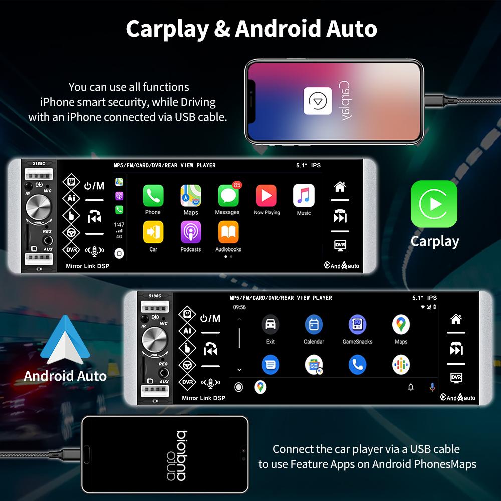 Hikity 1 Din 5,1-дюймовый сенсорный экран Автомобильный MP5-плеер AI Voice Carplay/Android Auto Deep Bass Bluetooth FM Руль AUX USB SD Media Вид сзади