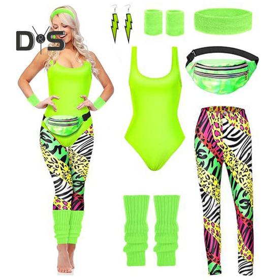 Женский спортивный костюм в стиле ретро 1980-х годов, спортивная одежда, фитнес-экипировка, аксессуары для костюмов с жилетом, леггинсы, повязка на голову, браслеты, гетры, серьги, поясная сумка