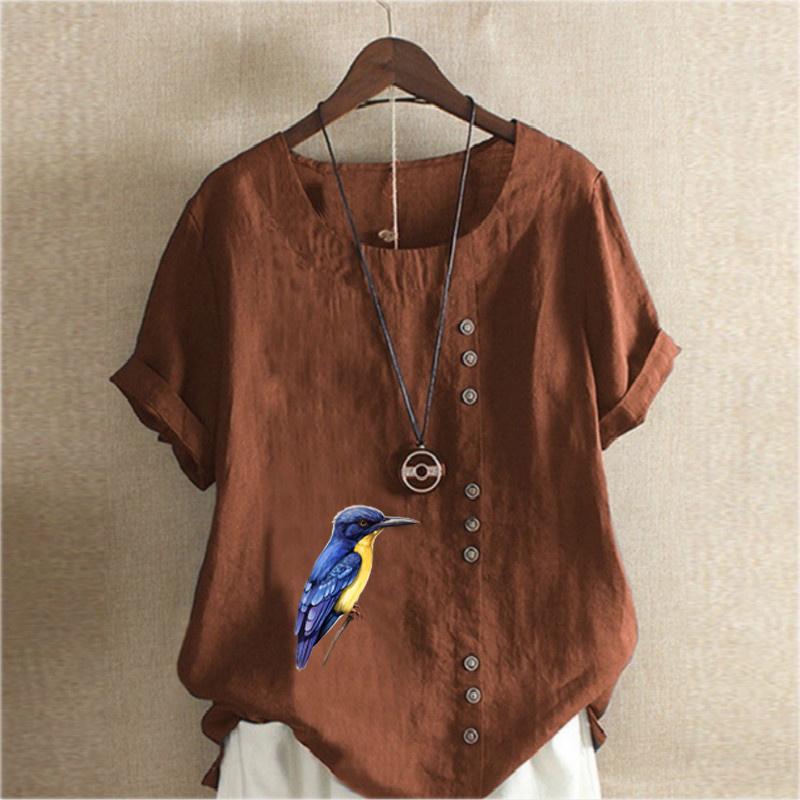 Women's Fashion Bird Prined Round Neck Short Sleeve T-shirt Casual Cotton Linen Graphic Shirt Leisure Loose Summer Blouse Tops