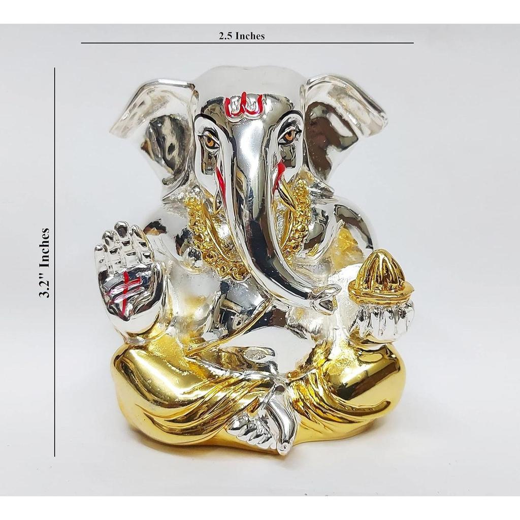Gold and Silver Plated Resin Ganesh Idol for Car Dashboard God Ganesha Idol for Home Decor Ganpati for Gift (Small, Two Tone)