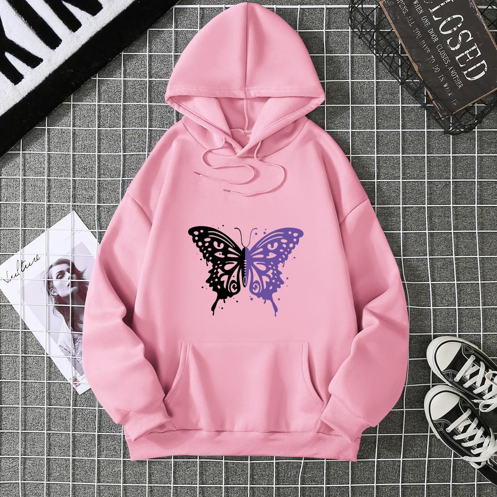 Top Casual Soft Women Hoodie White and Purple Butterfly Personality Funny Women Fashion Wool Hoodie Loose Sports Shirt