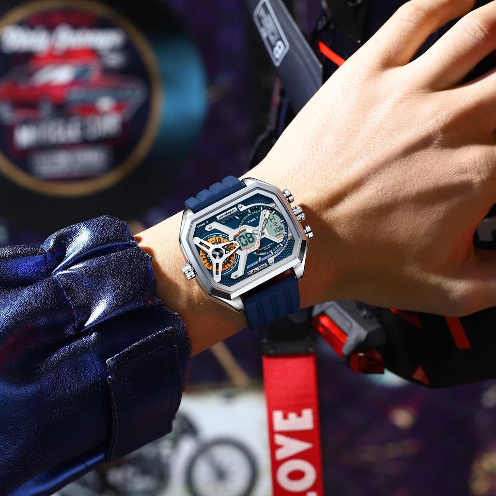 Роскошные мужские часы LED Календарь Неделя Светящиеся Мужские Наручные часы Электронные Прямоугольные Силиконовый Ремешок Кварцевые Мужские Часы