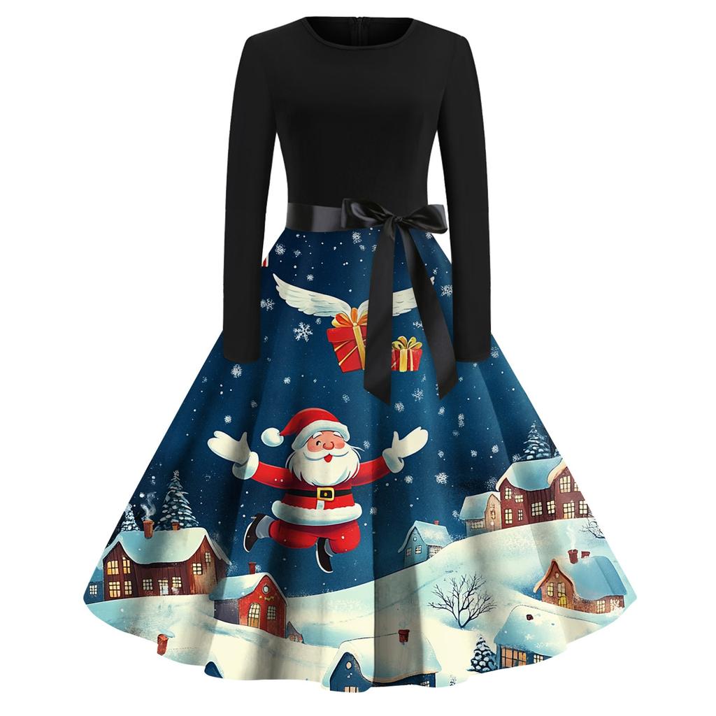 Women's Fashion Vintage Long Sleeve Round Neck Christmas Printed Party Gown Dress