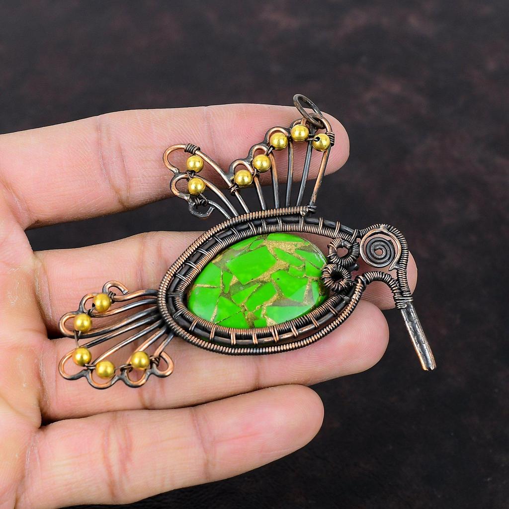 Медный Зеленый Бирюзовый Кулон Медная Проволока Обернутый Кулон Ювелирные Изделия Ручной Работы Из Драгоценных Камней Птица Дизайн Кулон Подарок Для Нее Антикварные Медные Ювелирные Изделия