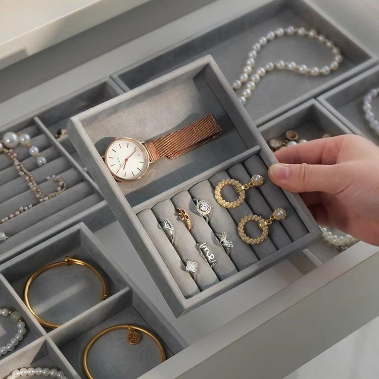 Бархатный ящик для хранения ювелирных изделий, штабелируемый поднос для показа, кольцо, браслет, ожерелье, органайзер для сережек, ящик для рукоделия, ящик для рукоделия