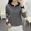 5xl Autumn New Casual Fashion Pullover Women's All-match Simple Commuter Women's Cotton Long-sleeved T-shirt Black and White Striped Top