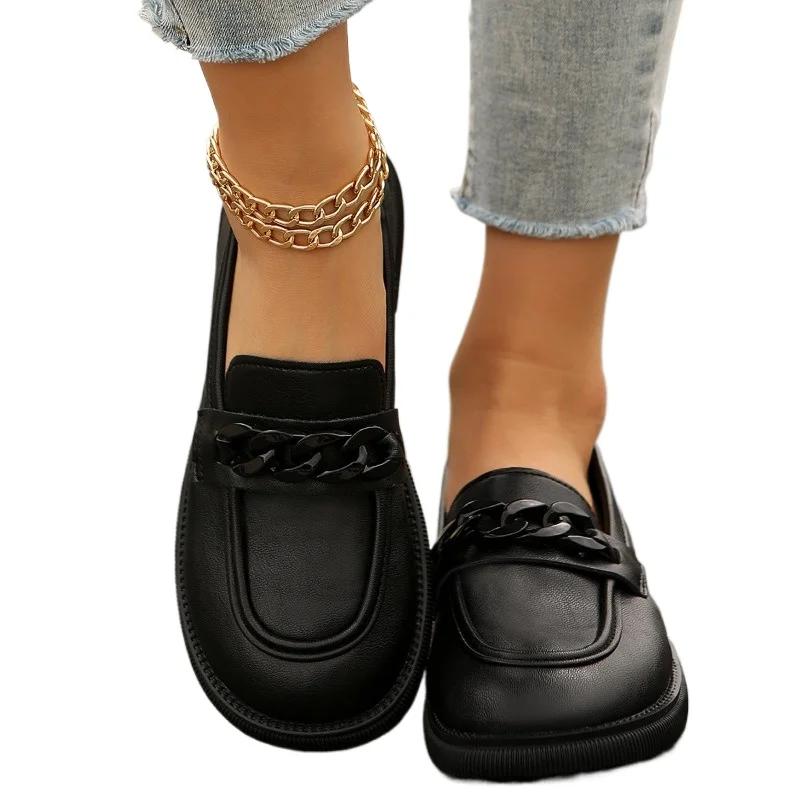 Женская обувь Лоферы Женские туфли на плоской подошве Для офиса и карьеры Женские туфли на плоской подошве с круглым носком Слипоны с цепочкой и галстуком-бабочкой Туфли больших размеров Для женщин