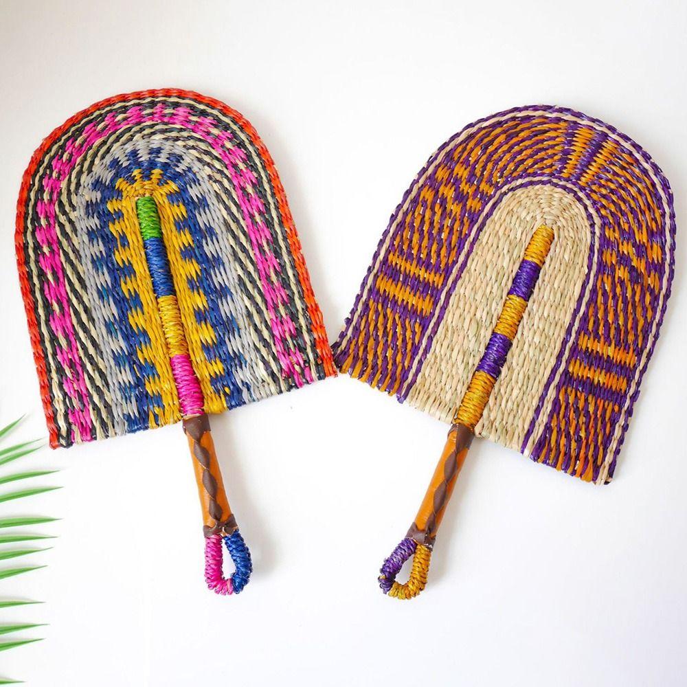 Colorful Striped Patterns Hand Braided Fan Bohemian Cattail Fan  School/Office