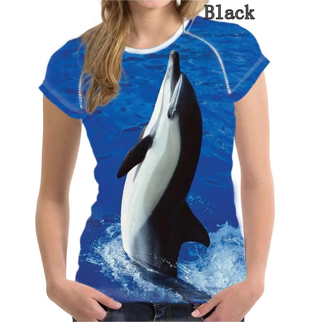 Новые женские модные летние повседневные футболки с короткими рукавами и круглым вырезом с 3d принтом, женские рубашки с дельфинами