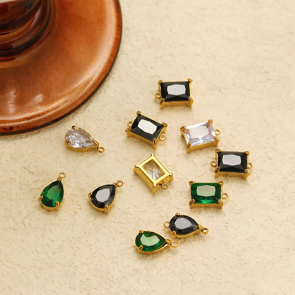 5pcs Stainless Steel Zircon Pendants Black Green Transparent Two Holes Crystal Charms Beads for Necklace Jewelry Making DIY