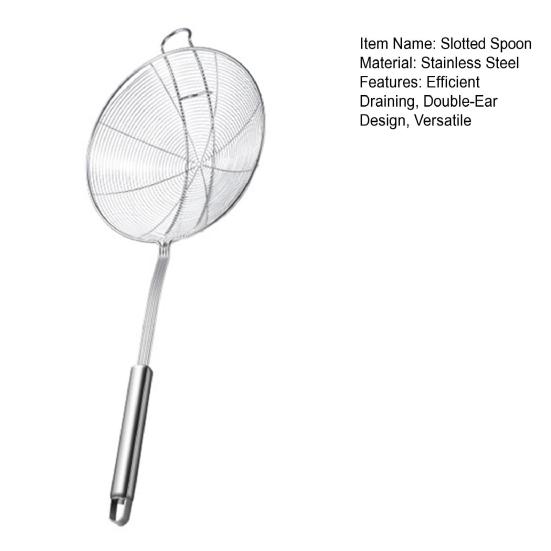 Stainless Steel Slotted Spoon Large Mesh Strainer Ladle for Frying Steaming Hot Pot Kitchen Cooking Tool with Double Hooks