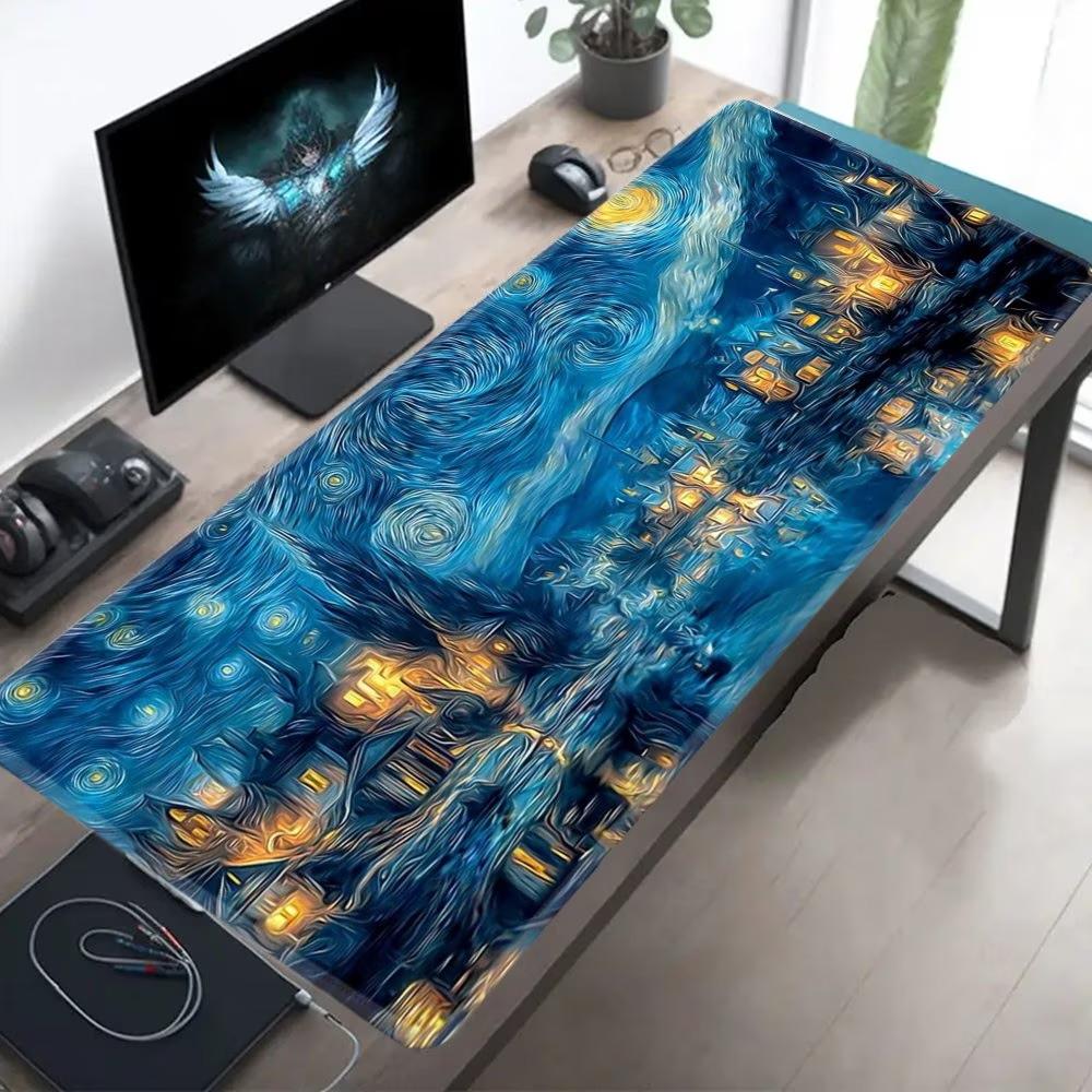 Van Gogh Style Starry Sky Mount Fuji Sakura Desk Mat Xxl NonSlip Rubber Gaming Mousepad Art Landscape Keyboard Pad