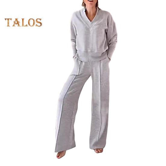 2 шт./комплект женский топ брюки комплект V-образный вырез длинные рукава свободная толстовка эластичный пояс широкие спортивные штаны спортивный наряд осенний повседневный спортивный костюм