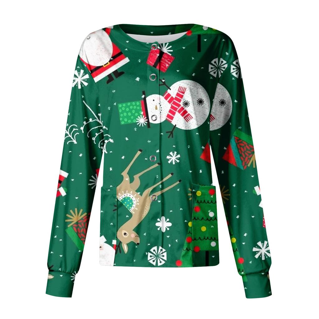 Women's Casual Long Sleeve Single Breasted Christmas Printed Dry-nurse Top