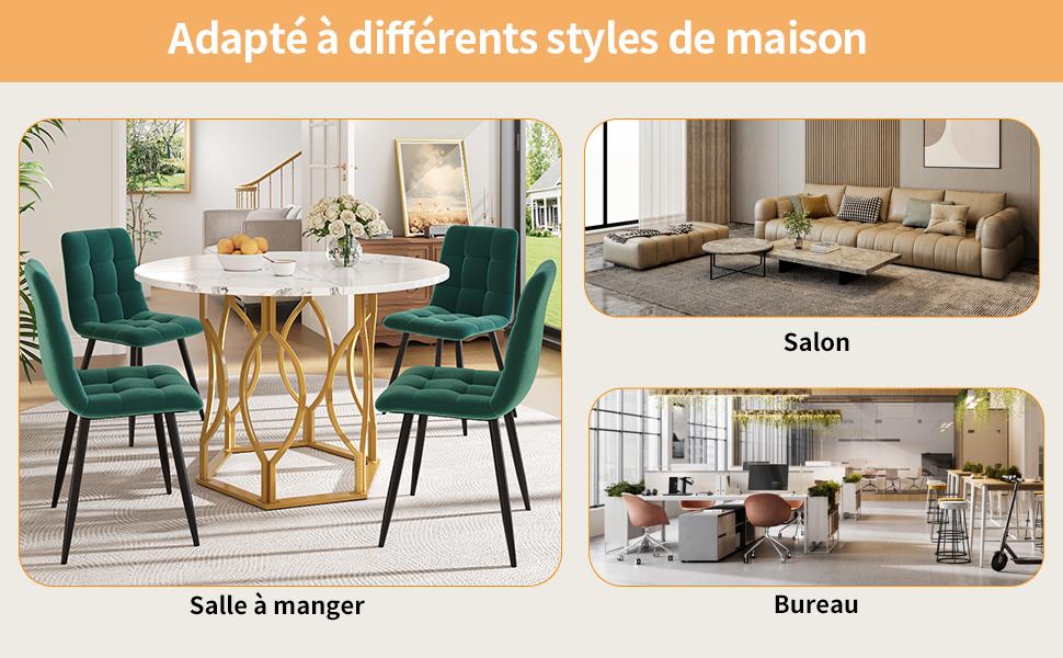 Dining table set (5-piece), round dining table with 100 cm diameter and golden metal legs, white MDF tabletop, dining chairs made of dark green velvet