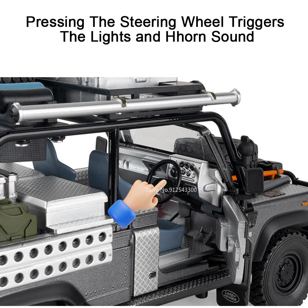 1:24 Land Rover Defender 110 Car Model Toy Doors Opened Models Toys Sound Light Off-road Vehicle Boys Best Ornaments Gifts