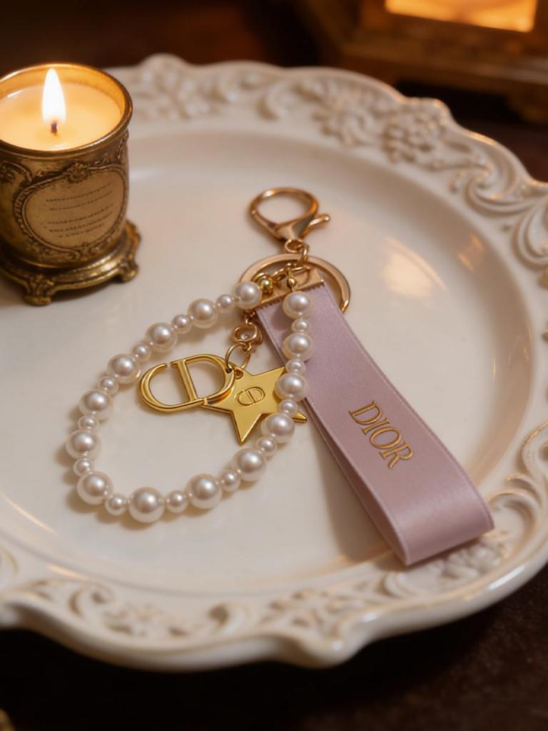 Dior Брелок-аксессуар для сумочки, Розовая ленточка с жемчугом, Косметический аксессуар от бренда, Металлический брелок-подвеска CD Звезда для женщин