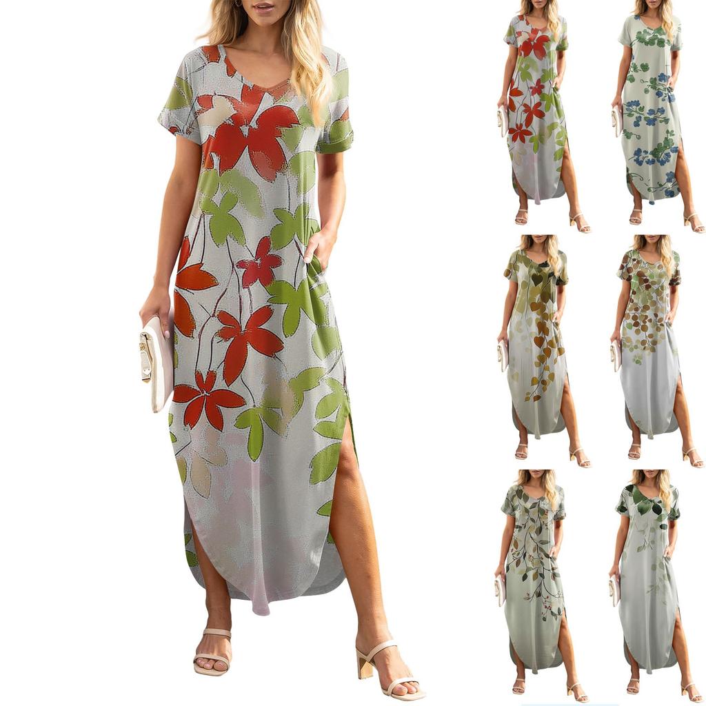 Women's Summer Floral Print Casual Loose Short Sleeve Beach Maxi Split Dress