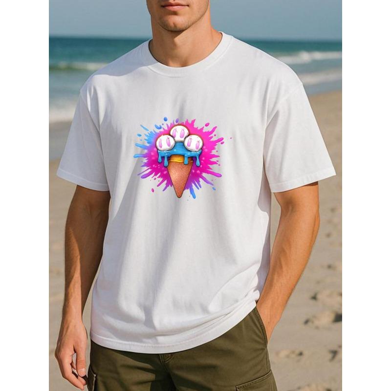 Европейские размеры, Цвет мороженого, Принт с акварельным узором, Топ с круглым вырезом, Мужская одежда, Повседневная футболка для мужчин на любой сезон, Очень универсальная